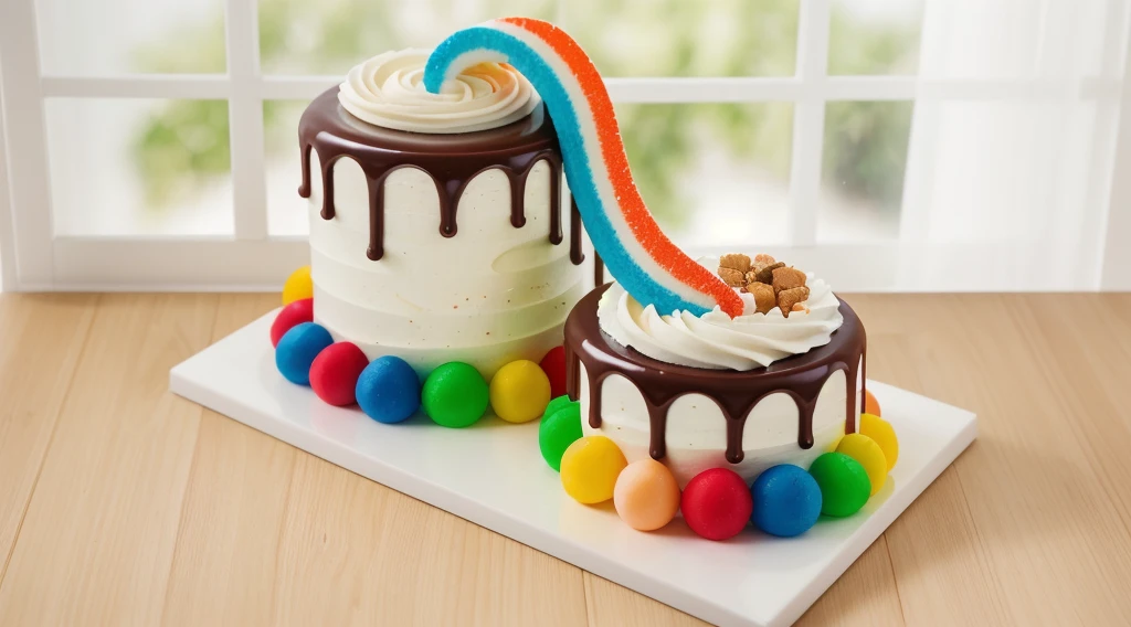 in the kitchen, on a wooden table, on a porcelain plate, two cakes made of white cream, sugar candies on the bottom, chocolate ganache on the cake, white swirls on the chocolate ganache, window light, bright lights, soft light, window light, professional lighting, light from the window, neat light, realistic texture, realistic style, detailed texture, high quality, high resolution, high quality rendering, realistic photo, brightning light, macro photo