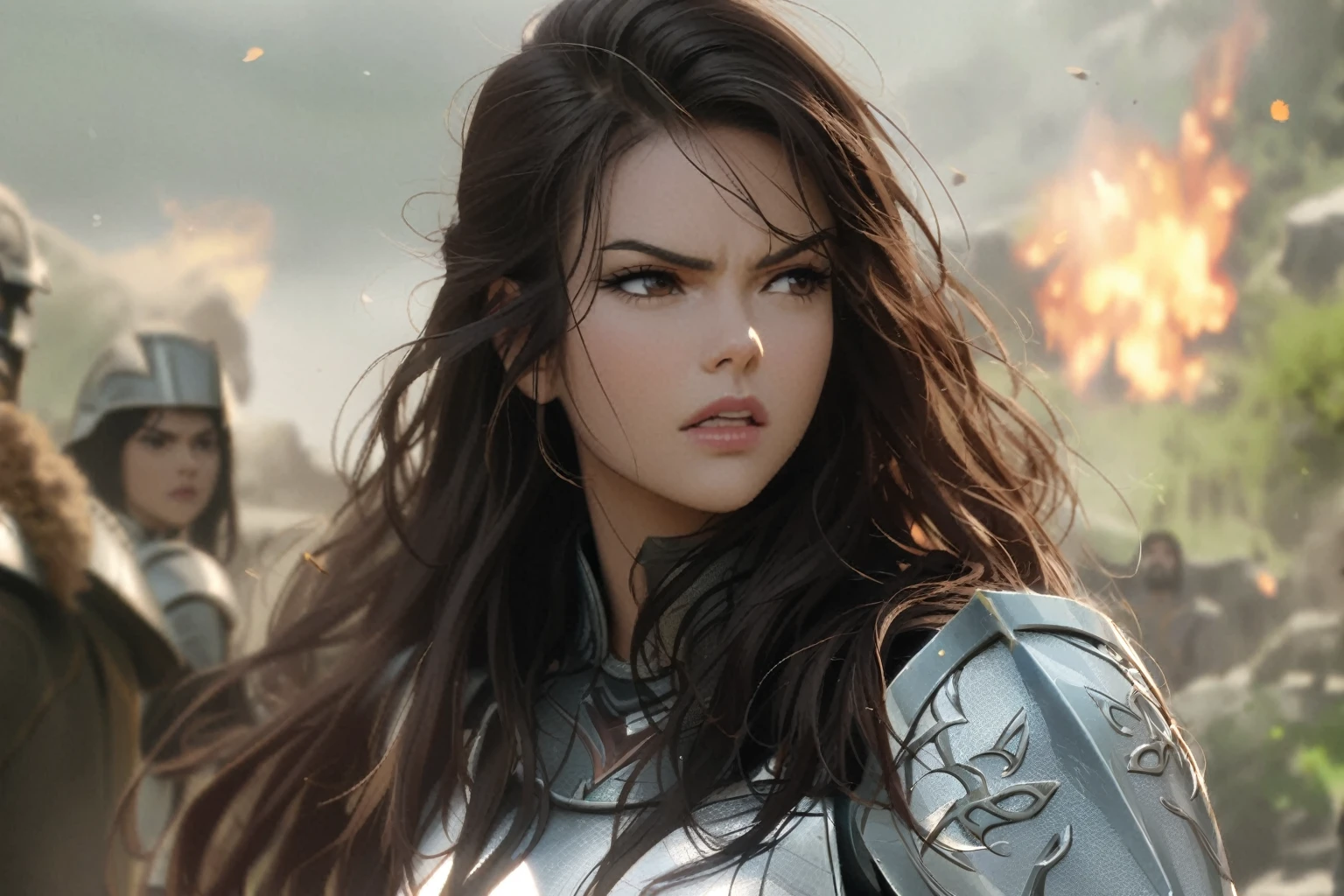 Arafed woman in armor with sword and shield in scene, Jaimie Alexander as Lady Sif, angry dark-haired women, still from the film "THOR",Marvel movie, beautiful female knight, , anime style, Hair blowing in the wind, long strands of facial hair