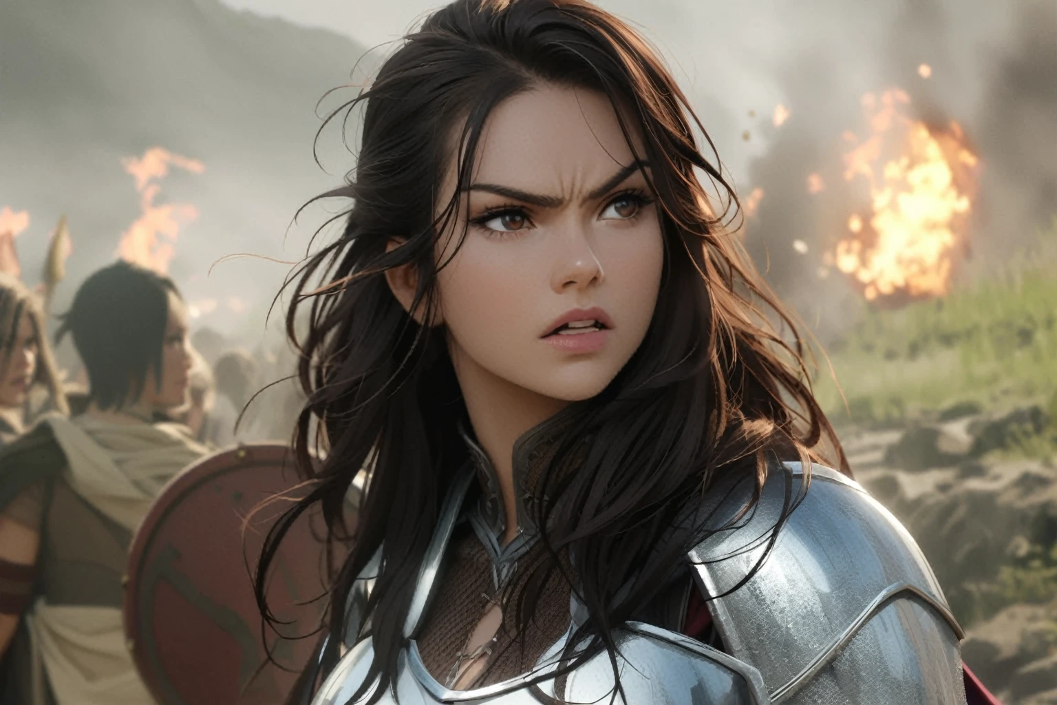 Arafed woman in armor with sword and shield in scene, Jaimie Alexander as Lady Sif, angry dark-haired women, still from the film "THOR",Marvel movie, beautiful female knight, , anime style, Hair blowing in the wind, long strands of facial hair
