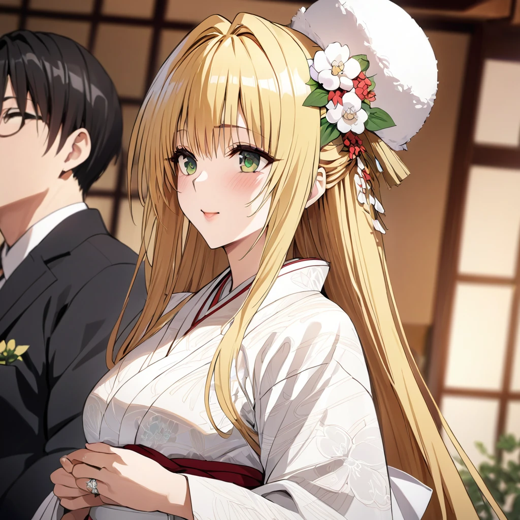 ((Highest quality)), ((masterpiece)), (detailed), (Perfect Face)、The woman is a Tier, with green eyes, medium-long blonde hair, a Japanese wedding dress called a Shiromuku, a cotton hat, a Japanese-style wedding ceremony, and an engagement ring.