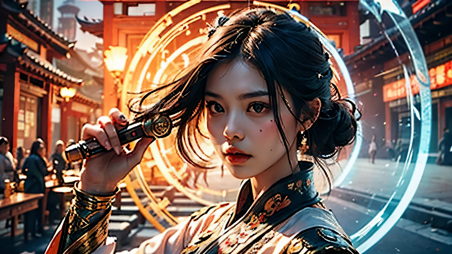 Best quality,masterpiece,Ultra high resolution,(Photorealistic:1.4),Xiuxian,Weapon,detailed face,
1 girl,One,Weapon,split,(magic circle:1.2),Xiuxian,upper body,Beautiful girl,whole body,east asian architecture,shell,architecture,