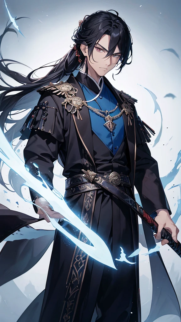 **Appearance:**
The protagonist is a young man in his early twenties, with a lean and athletic build that reflects his agility and strength. He has strikingly sharp features with high cheekbones, a straight nose, and piercing almond-shaped eyes that give off a sense of determination and intelligence. His eyes are a deep, intense black that seem to hold an endless depth. His jet-black hair is long and tied into a traditional topknot, with a few loose strands framing his face.
**Clothing:**
He wears traditional Chinese Hanfu, characterized by its elegance and intricate design. His attire consists of:
- **Inner Garment:** A white silk inner robe with long sleeves, visible at the neckline and cuffs of his outer robe.
- **Outer Robe:** A dark blue outer robe made of fine brocade fabric, adorned with delicate silver embroidery depicting mythical creatures and cloud patterns. The robe flows gracefully down to his ankles.
- **Belt:** A wide, black silk belt with an intricate knot at the front, holding the robes securely in place.
- **Overcoat:** A light, flowing overcoat in a shade of deep blue, almost black, with silver embroidery along the edges and sleeves, adding a regal touch to his appearance.
- **Footwear:** Traditional black cloth shoes, soft yet durable, designed for both comfort and movement.
**Accessories:**
- **Sword:** He carries a traditional Chinese sword (jian) with an ornate hilt and scabbard. The scabbard is made of dark wood, embellished with silver inlays that match the embroidery on his robe. The sword hangs from his belt, ready to be drawn at a moment’s notice.
- **Hairpin:** A silver hairpin keeps his topknot in place, featuring a small dragon design, symbolizing his strength and noble spirit.
- **Pendant:** A jade pendant hangs from his belt, engraved with protective symbols and bringing good luck and fortune.
**Aura and Expression:**
He exudes an aura of confidence and calm, with a steady gaze that reflects his wisdom and experience. Despite h