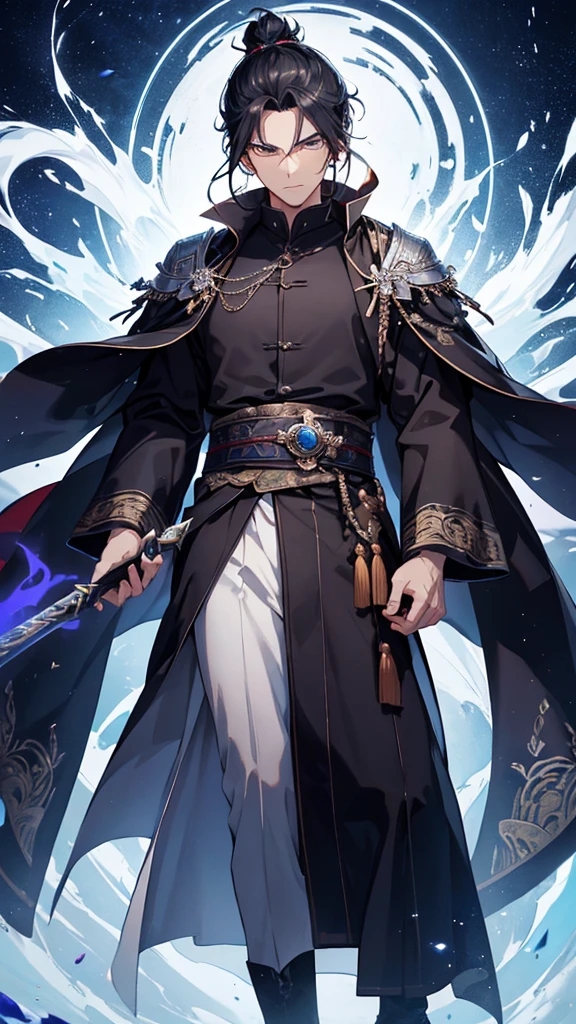 

**Appearance:**
The protagonist is a young man in his early twenties, with a lean and athletic build that reflects his agility and strength. He has strikingly sharp features with high cheekbones, a straight nose, and piercing almond-shaped eyes that give off a sense of determination and intelligence. His eyes are a deep, intense black that seem to hold an endless depth. His jet-black hair is long and tied into a traditional topknot, with a few loose strands framing his face.

**Clothing:**
He wears traditional Chinese Hanfu, characterized by its elegance and intricate design. His attire consists of:

- **Inner Garment:** A white silk inner robe with long sleeves, visible at the neckline and cuffs of his outer robe.
- **Outer Robe:** A dark blue outer robe made of fine brocade fabric, adorned with delicate silver embroidery depicting mythical creatures and cloud patterns. The robe flows gracefully down to his ankles.
- **Belt:** A wide, black silk belt with an intricate knot at the front, holding the robes securely in place.
- **Overcoat:** A light, flowing overcoat in a shade of deep blue, almost black, with silver embroidery along the edges and sleeves, adding a regal touch to his appearance.
- **Footwear:** Traditional black cloth shoes, soft yet durable, designed for both comfort and movement.

**Accessories:**
- **Sword:** He carries a traditional Chinese sword (jian) with an ornate hilt and scabbard. The scabbard is made of dark wood, embellished with silver inlays that match the embroidery on his robe. The sword hangs from his belt, ready to be drawn at a moment’s notice.
- **Hairpin:** A silver hairpin keeps his topknot in place, featuring a small dragon design, symbolizing his strength and noble spirit.
- **Pendant:** A jade pendant hangs from his belt, engraved with protective symbols and bringing good luck and fortune.

**Aura and Expression:**
He exudes an aura of confidence and calm, with a steady gaze that reflects his wisdom and experience. Despite h