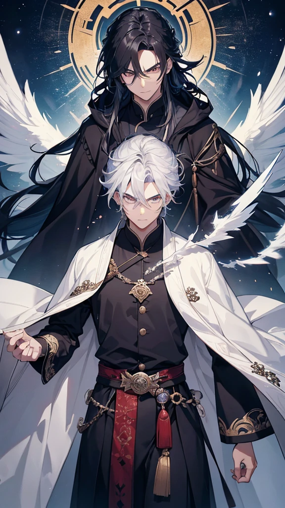 **Appearance:**
The protagonist is a young man in his early twenties, with a lean and athletic build that reflects his agility and strength. He has strikingly sharp features with high cheekbones, a straight nose, and piercing almond-shaped eyes that give off a sense of determination and intelligence. His eyes are a deep, intense black that seem to hold an endless depth. His jet-black hair is long and tied into a traditional topknot, with a few loose strands framing his face.
**Clothing:**
He wears traditional Chinese Hanfu, characterized by its elegance and intricate design. His attire consists of:
- **Inner Garment:** A white silk inner robe with long sleeves, visible at the neckline and cuffs of his outer robe.
- **Outer Robe:** A dark blue outer robe made of fine brocade fabric, adorned with delicate silver embroidery depicting mythical creatures and cloud patterns. The robe flows gracefully down to his ankles.
- **Belt:** A wide, black silk belt with an intricate knot at the front, holding the robes securely in place.
- **Overcoat:** A light, flowing overcoat in a shade of deep blue, almost black, with silver embroidery along the edges and sleeves, adding a regal touch to his appearance.
- **Footwear:** Traditional black cloth shoes, soft yet durable, designed for both comfort and movement.
**Accessories:**
- **Sword:** He carries a traditional Chinese sword (jian) with an ornate hilt and scabbard. The scabbard is made of dark wood, embellished with silver inlays that match the embroidery on his robe. The sword hangs from his belt, ready to be drawn at a moment’s notice.
- **Hairpin:** A silver hairpin keeps his topknot in place, featuring a small dragon design, symbolizing his strength and noble spirit.
- **Pendant:** A jade pendant hangs from his belt, engraved with protective symbols and bringing good luck and fortune.
**Aura and Expression:**
He exudes an aura of confidence and calm, with a steady gaze that reflects his wisdom and experience. Despite h
