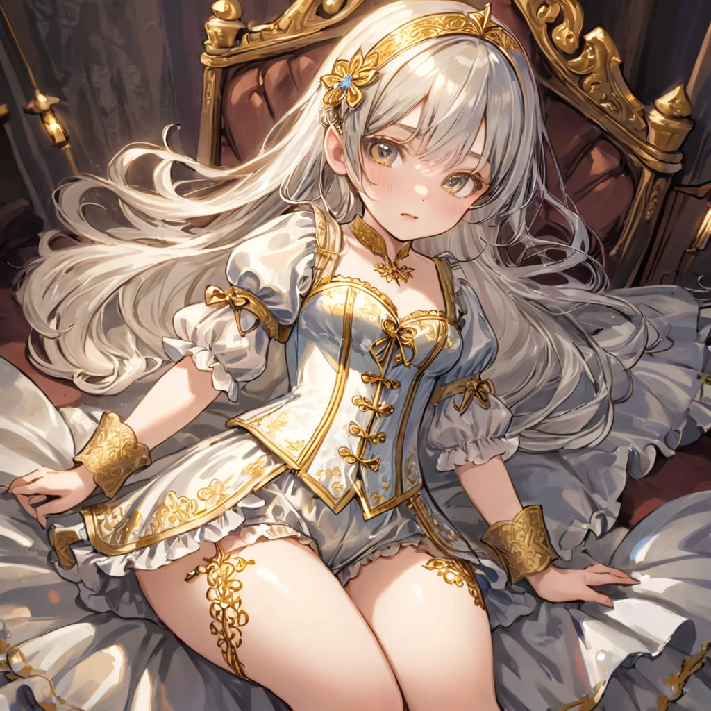 8 year old medieval girl, １people、Pajamas、Gold and silver thread embroidery、Translucent underwear that reaches below the knee（Bloomers）wear、wear a semi-transparent corset、Translucent slip