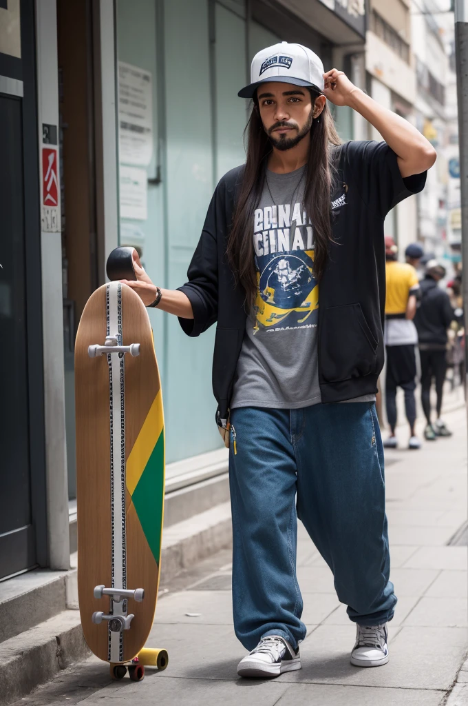 A Brazilian male character of medium height with long hair and a cap on his head,long clothes and being on the street with a skateboard in hand 