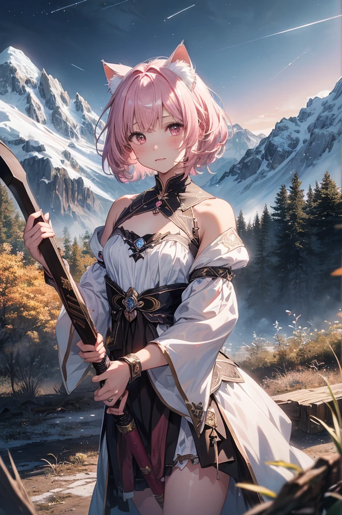 beautiful details한 소녀, clear and beautiful, glowing skin, female, no, young, 20 years, Short hair, Short hair, silver hair, ((turkish costume, white and pink )) beautiful details, warm face, beautiful and delicate eyes, middle 가슴, brown eyes, real skin texture, Very nice 8KCG wallpaper, Very cool 8K CG wallpaper, Watercolor (middle), female warrior, (((cat ears))), (((dark, dark Night, midnight))) (((nature background, mountain, wood))), ((outdoors)), upper body cut, holding a sword in his hand