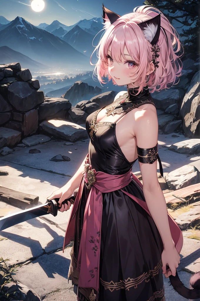 beautiful details한 소녀, clear and beautiful, glowing skin, female, no, young, 20 years, Short hair, Short hair, silver hair, ((turkish costume, white and pink )) beautiful details, warm face, beautiful and delicate eyes, middle 가슴, brown eyes, real skin texture, Very nice 8KCG wallpaper, Very cool 8K CG wallpaper, Watercolor (middle), female warrior, (((cat ears))), (((dark, dark Night, midnight))) (((nature background, mountain, wood))), ((outdoors)), upper body cut, holding a sword in his hand