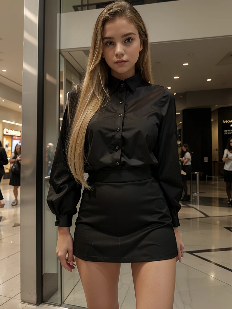 young blonde woman in black blouse and skirt at the mall