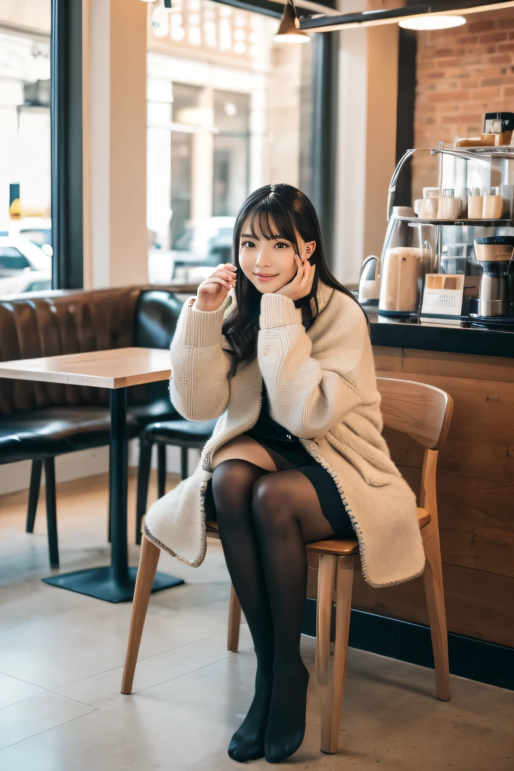 high quality,16K:1.1),(, Woman sitting on a chair in a coffee shop)(Full Body Shot:1.2),Black Hair、ear piercing、smile、Beautiful teeth alignment、((coat、sweater、Knee-length skirt、tights、パンプス)), ,(View your audience:1.3),Coffee shop in the background