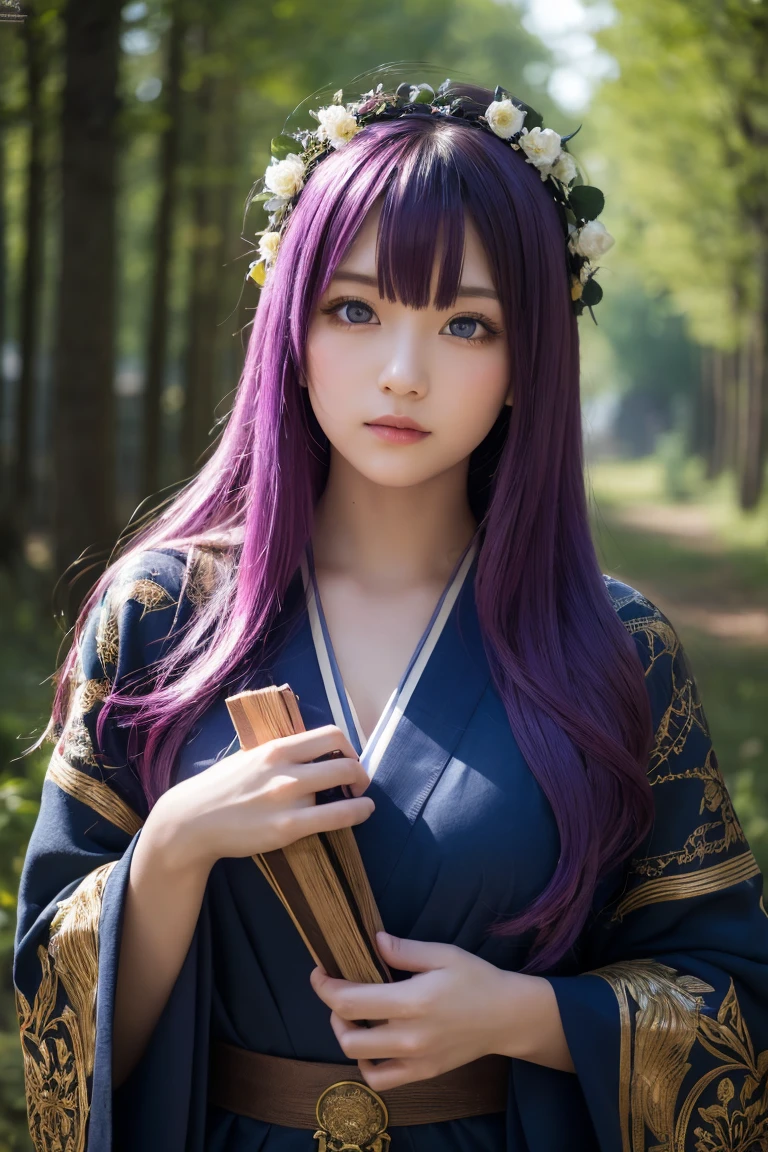 ((masterpiece)), ((best quality)), (ultra-detailed), ((kawaii)), cute, (lovely), ((extremely detailed)), 4K, (8K), ancient, young, girl, Japanese, solo, necromancer, beautiful purple hair, beautiful blue eyes, ((beautiful eyes)), long hair, little smile, blush, lip, dark, elaborate, robes, mystical, symbols, eerie, aura, ancient, tomb, foreboding, forest, shadows, spirits,