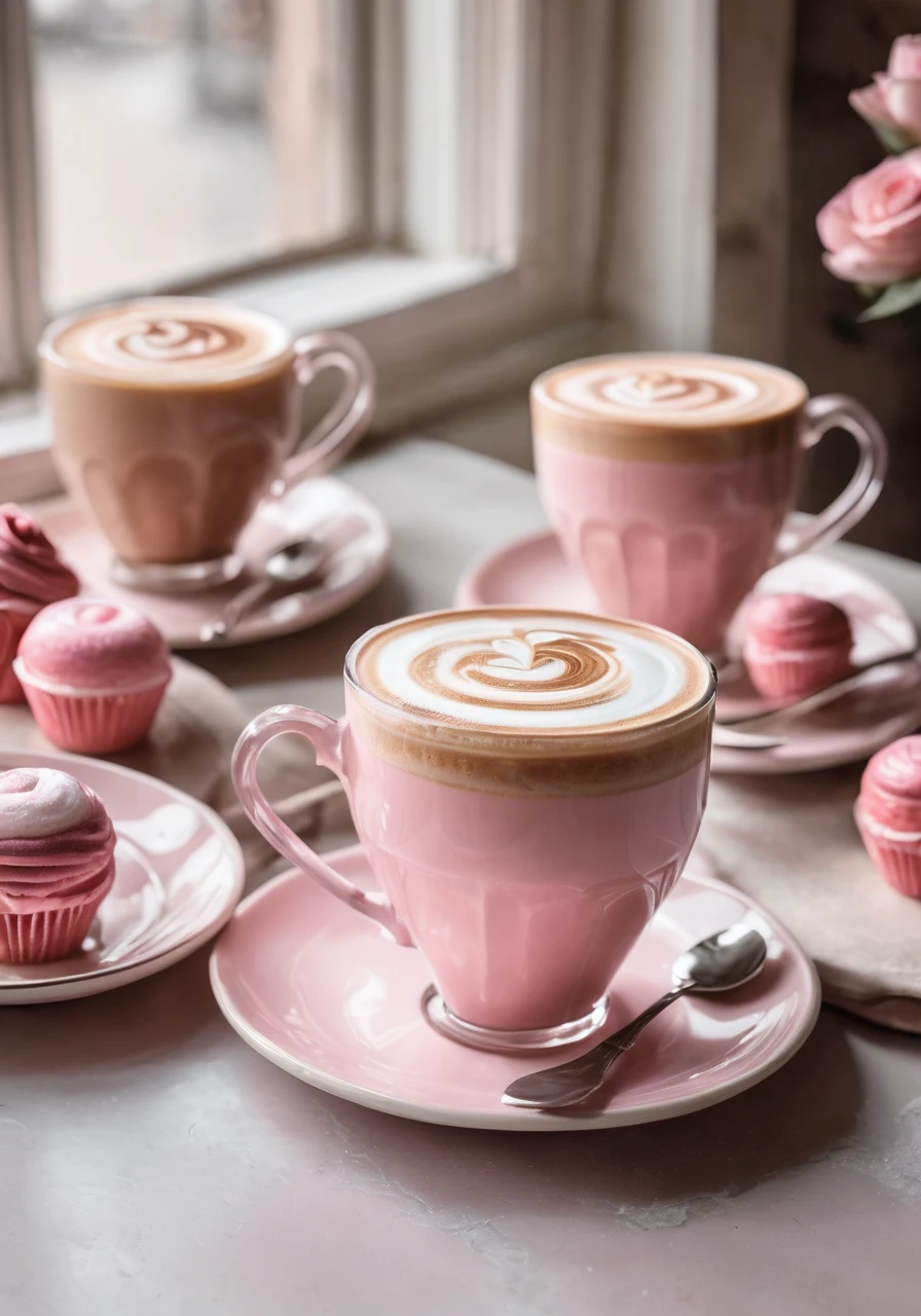 high quality,Official Art,sweets,Instagram style,On the table,Fashionable Cafe,Latte Art,pink,Grayish pale pink,Postcard style,Shabby chic,Transparency,