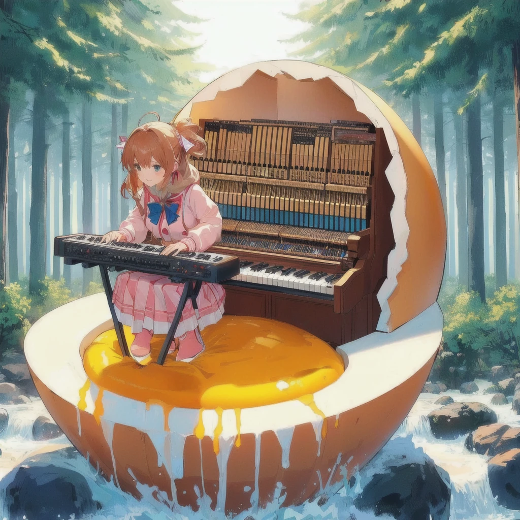 Anime girl playing keyboard on a giant egg,Celeste's Madeline, Official Artwork, Lofi Art, 80s anime style,official Fan art, Lo-fi Girl, nodded, lofi album art, Promotional Art, Fan art, high quality Fan art, Background artwork, Official Art, Lofi Artstyle, Synth feel, High quality artwork, Chill Hop, Portrait of Rofi