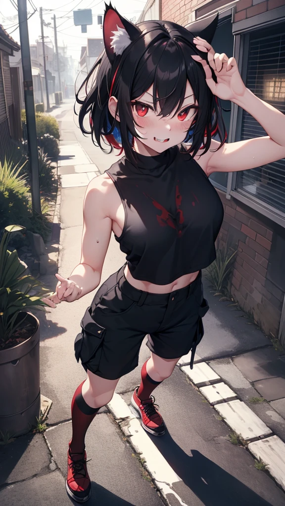 1 lady, masterpiece, Highest quality, ultra detailed, CG unity 8k wallpaper, Cinema Lighting, Lens flare, ultra detailed eyes, Red eyes, Collapsed night streetFluttering hair, black hair,
red streaked hair , cat ears, black ears , cat's whiskers , short hair, slicked back hair, abdominals、Bright smile open mouth、 (black Cargo pants,red TankTops, ), profetional lighting、 Gray Light Lighting, large breasts, muscular, evil smile, evil grin, (sharp eye:1.2),(scowl:1.1), (stare at viewer:1.5), (embarrassed,blush:1.3), ,nsfw,(ecstasy:1.3) ,(slut:1.2),(vulgarity:1.3),(fucked silly:1.1),(steam:1.1),(wet:0.8),(drooling:0.6),(sweat:0.8), (defenseless、Beautiful eyes illuminated by the light、Shiny Hair、Reflected Eyes ), Stick her tongue out, {very aesthetic}, cat tail, thigh-high socks, striped socks, red shoes, black tail, dirty alley, portrait, full body, Waving gesture, shiny skin,standing, spreading both arms