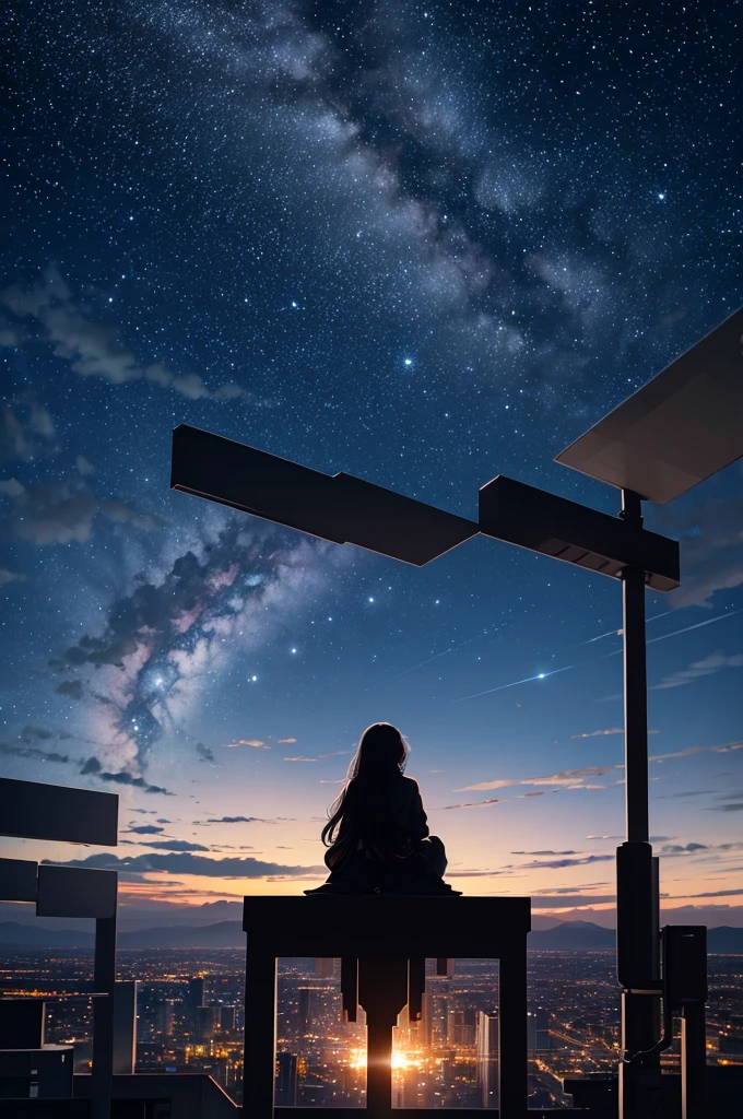 Octane, null, star (null), scenery, starry null, night, One girl, night null, alone, Outdoor, building, cloud, milky way, Sitting, wood, Long Hair, city, silhouette, cityscape ,Masterpiece , Highest quality ,No discomfort.