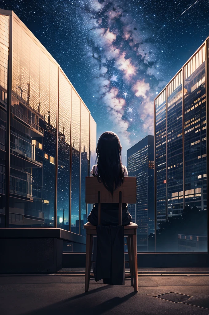 Octane, null, star (null), scenery, starry null, night, One girl, night null, alone, Outdoor, building, cloud, milky way, Sitting, wood, Long Hair, city, silhouette, cityscape ,Masterpiece , Highest quality ,No discomfort.