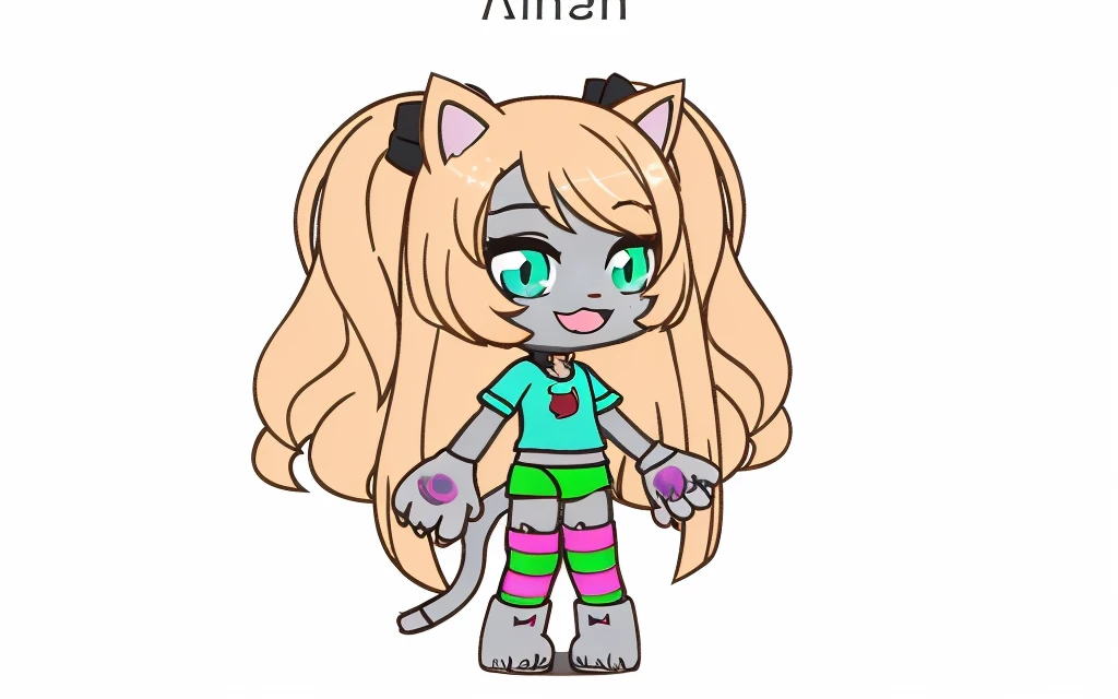 Gray skinned cat girl, with very long hair in ponytails