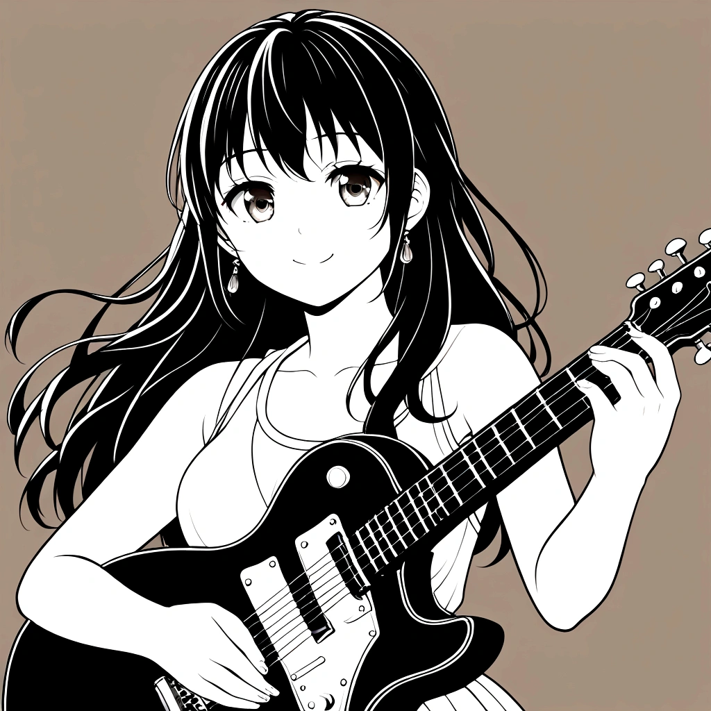 Highest quality, High resolution, Detailed Background, High Contrast, 1 Girl, Kyoto Animation、6 strings、There are six pegs、high school girl、Electric guitar、Fender Stratocaster、Big Stage、front, Beautiful line drawing, Vibrant colors