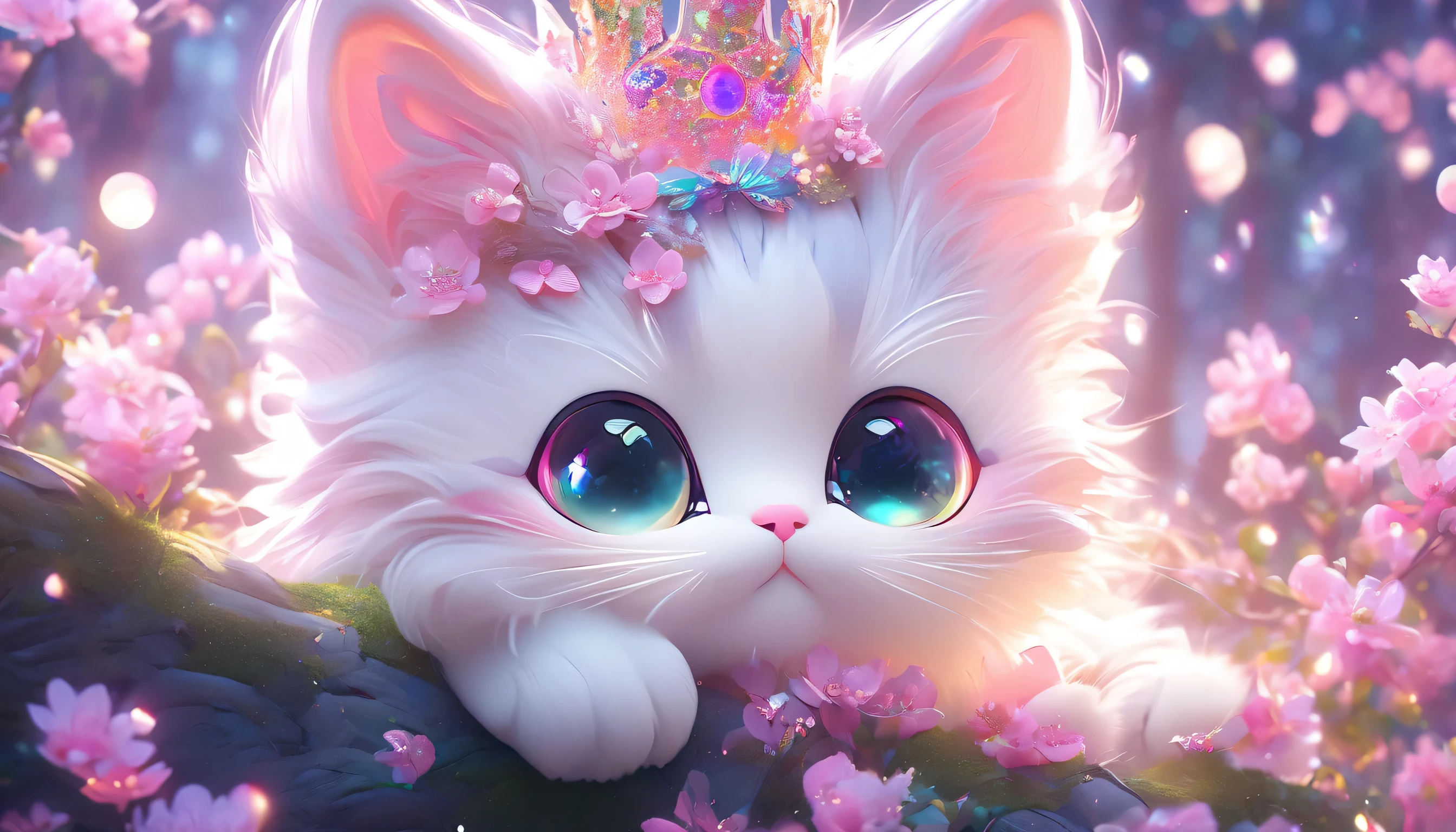 side view, oversaturate, colorfully, Fairytale, dreamlike, Cinematic character render, oil painting, 3D, 8k resolution, sequins, glitter, sakura forest, moonlight, Close up Portrait adorable chibi kawaii anthropomorphic kitten king nodded off, Detailed eyes, large round reflective eyes,