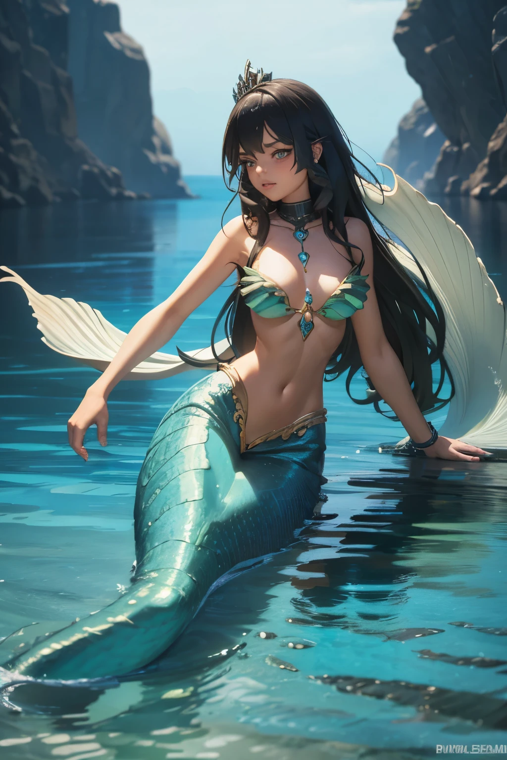 A slim young tropical mermaid jenna ortega, she has extremely long wavy lush hair, teal eyes and tanned skin, stirped skin, glossy scales, she wears sea shell inspired jewellry, she has glossy cyan and blue striped tail, she is swimming at clear tropical island waters, fantasy Theme, nautical Theme, Fiverr Dnd Character, Octane Render, Digital Art, Extreme Detail, 4k, Ultra Hd, Polished, Beautiful, Hyperdetailed, Intricate, Elaborate, Meticulous, Photorealistic, Sharp Focus, Wlop, Character Design, Unreal Engine, 3d Rendered, Volumetric Lighting, Reflections, Glossy, Digital Illustration, Sensual Pose, Suggestive Pose, Lewd, Full Body Shot, anatomically correct 💖❤💕💋❣