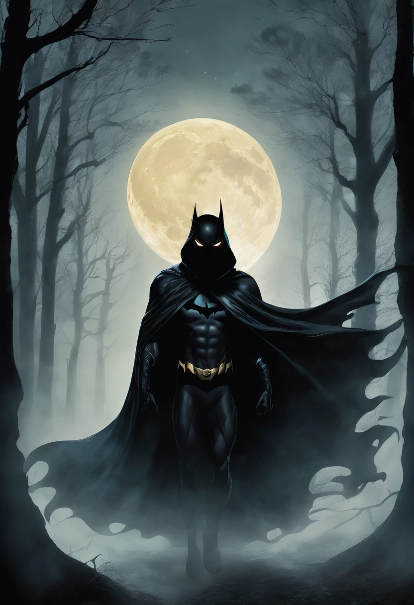 A superhero shrouded in a dark, misty cloak, with ghostly wisps swirling around them. They stand in a haunted forest, with a full moon casting eerie shadows. Their eyes glow with an otherworldly light, and their hands wield shadowy tendrils, creating a spine-chilling and dramatic effect