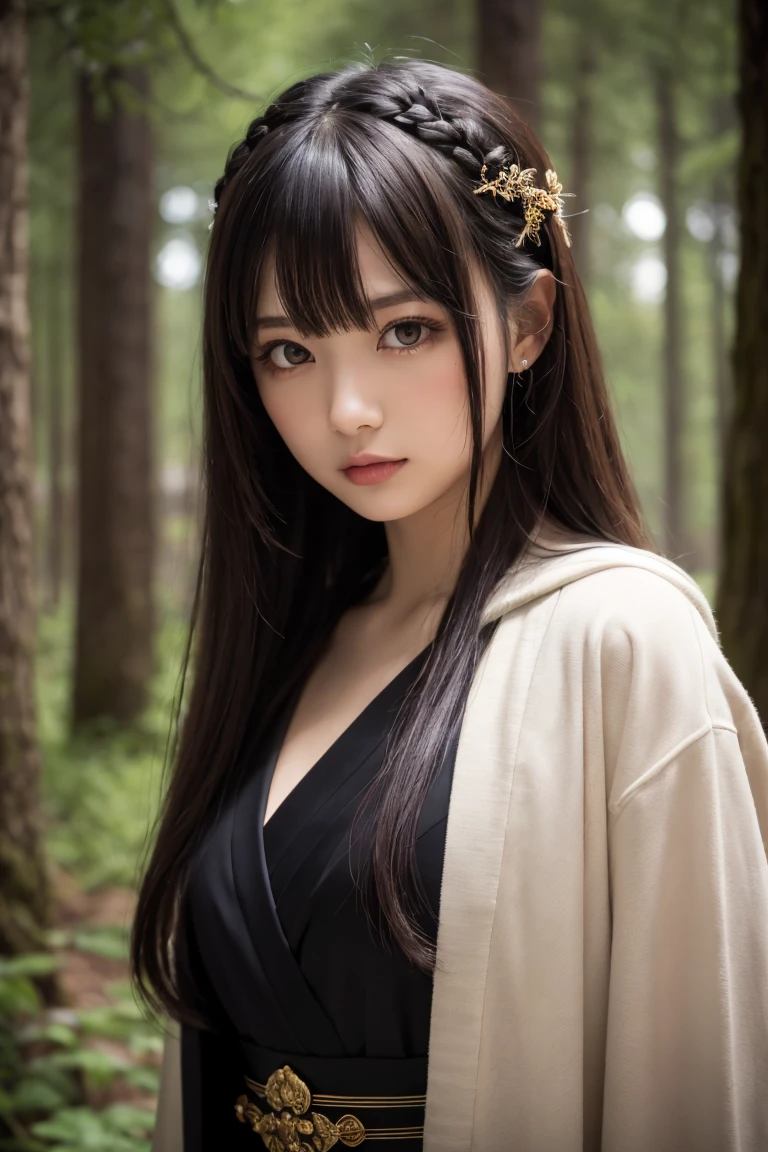 ((masterpiece)), ((best quality)), (ultra-detailed), ((kawaii)), cute, (lovely), ((extremely detailed)), 4K, (8K), ancient, young, a cute girl, Japanese, solo, necromancer, ((beautiful hair)), ((beautiful eyes)), long hair, blush, dark, elaborate, robes, mystical, symbols, eerie, aura, ancient, tomb, foreboding, forest, shadows, spirits,