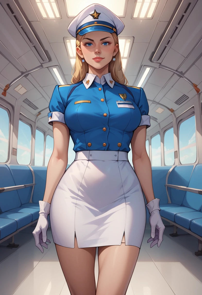 score_9, score_8_up, score_7_up, BREAK extremely detailed, 2d, solo, stewardess, blue blouse, white skirt, gloves, cap, (smile:0.5), indoors, airport, facing viewer, frontal image.