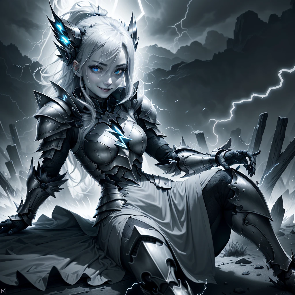 masterpiece, absurdity, extremely detailed, detailed eyes, whole body, madeoflightningai, 1 girl, armored, dress (lightning), magic, (bwlightning), Looking at the viewer, smiling, Sitting, night, volumetric lighting,