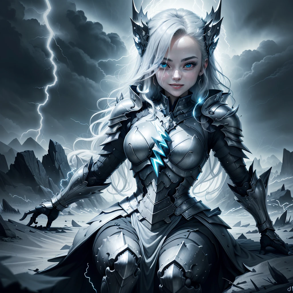 masterpiece, absurdity, extremely detailed, detailed eyes, whole body,  madeoflightningai, 1 girl, armored, dress (lightning), magic, (bwlightning), Looking at the viewer, smiling, Sitting, night, volumetric lighting,