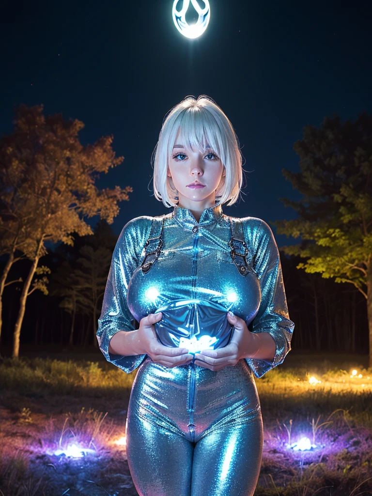 (shiny white skin:1.4),(shiny girl with gigantic breast:1.4),(cute face:1.2) , (white hair:1.2),(mysterious blue glowing trees at night :1.4) ,(metallic tight coverall:1.5),(bangs:1.2)