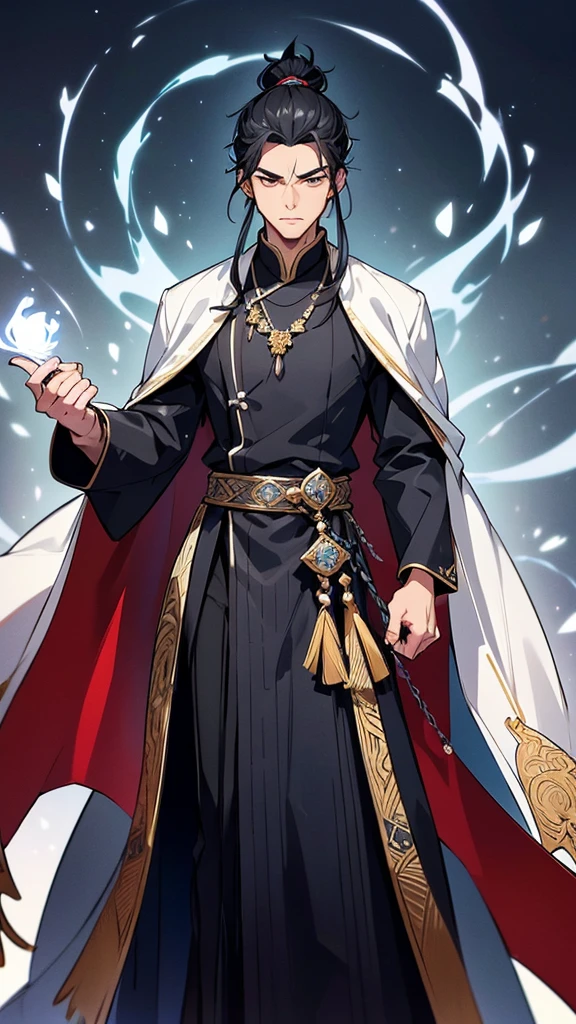 **Appearance:**
The protagonist is a young man in his early twenties, with a lean and athletic build that reflects his agility and strength. He has strikingly sharp features with high cheekbones, a straight nose, and piercing almond-shaped eyes that give off a sense of determination and intelligence. His eyes are a deep, intense black that seem to hold an endless depth. His jet-black hair is long and tied into a traditional topknot, with a few loose strands framing his face.
**Clothing:**
He wears traditional Chinese Hanfu, characterized by its elegance and intricate design. His attire consists of:
- **Inner Garment:** A white silk inner robe with long sleeves, visible at the neckline and cuffs of his outer robe.
- **Outer Robe:** A dark blue outer robe made of fine brocade fabric, adorned with delicate silver embroidery depicting mythical creatures and cloud patterns. The robe flows gracefully down to his ankles.
- **Belt:** A wide, black silk belt with an intricate knot at the front, holding the robes securely in place.
- **Overcoat:** A light, flowing overcoat in a shade of deep blue, almost black, with silver embroidery along the edges and sleeves, adding a regal touch to his appearance.
- **Footwear:** Traditional black cloth shoes, soft yet durable, designed for both comfort and movement.
**Accessories:**
- **Sword:** He carries a traditional Chinese sword (jian) with an ornate hilt and scabbard. The scabbard is made of dark wood, embellished with silver inlays that match the embroidery on his robe. The sword hangs from his belt, ready to be drawn at a moment’s notice.
- **Hairpin:** A silver hairpin keeps his topknot in place, featuring a small dragon design, symbolizing his strength and noble spirit.
- **Pendant:** A jade pendant hangs from his belt, engraved with protective symbols and bringing good luck and fortune.
**Aura and Expression:**
He exudes an aura of confidence and calm, with a steady gaze that reflects his wisdom and experience. Despite h