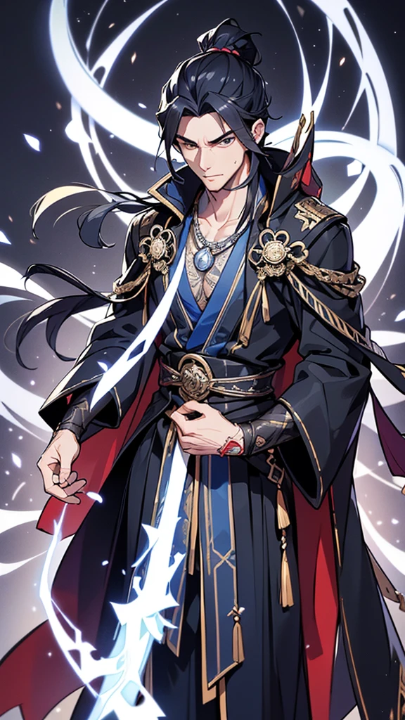 **Appearance:**
The protagonist is a young man in his early twenties, with a lean and athletic build that reflects his agility and strength. He has strikingly sharp features with high cheekbones, a straight nose, and piercing almond-shaped eyes that give off a sense of determination and intelligence. His eyes are a deep, intense black that seem to hold an endless depth. His jet-black hair is long and tied into a traditional topknot, with a few loose strands framing his face.
**Clothing:**
He wears traditional Chinese Hanfu, characterized by its elegance and intricate design. His attire consists of:
- **Inner Garment:** A white silk inner robe with long sleeves, visible at the neckline and cuffs of his outer robe.
- **Outer Robe:** A dark blue outer robe made of fine brocade fabric, adorned with delicate silver embroidery depicting mythical creatures and cloud patterns. The robe flows gracefully down to his ankles.
- **Belt:** A wide, black silk belt with an intricate knot at the front, holding the robes securely in place.
- **Overcoat:** A light, flowing overcoat in a shade of deep blue, almost black, with silver embroidery along the edges and sleeves, adding a regal touch to his appearance.
- **Footwear:** Traditional black cloth shoes, soft yet durable, designed for both comfort and movement.
**Accessories:**
- **Sword:** He carries a traditional Chinese sword (jian) with an ornate hilt and scabbard. The scabbard is made of dark wood, embellished with silver inlays that match the embroidery on his robe. The sword hangs from his belt, ready to be drawn at a moment’s notice.
- **Hairpin:** A silver hairpin keeps his topknot in place, featuring a small dragon design, symbolizing his strength and noble spirit.
- **Pendant:** A jade pendant hangs from his belt, engraved with protective symbols and bringing good luck and fortune.
**Aura and Expression:**
He exudes an aura of confidence and calm, with a steady gaze that reflects his wisdom and experience. Despite h