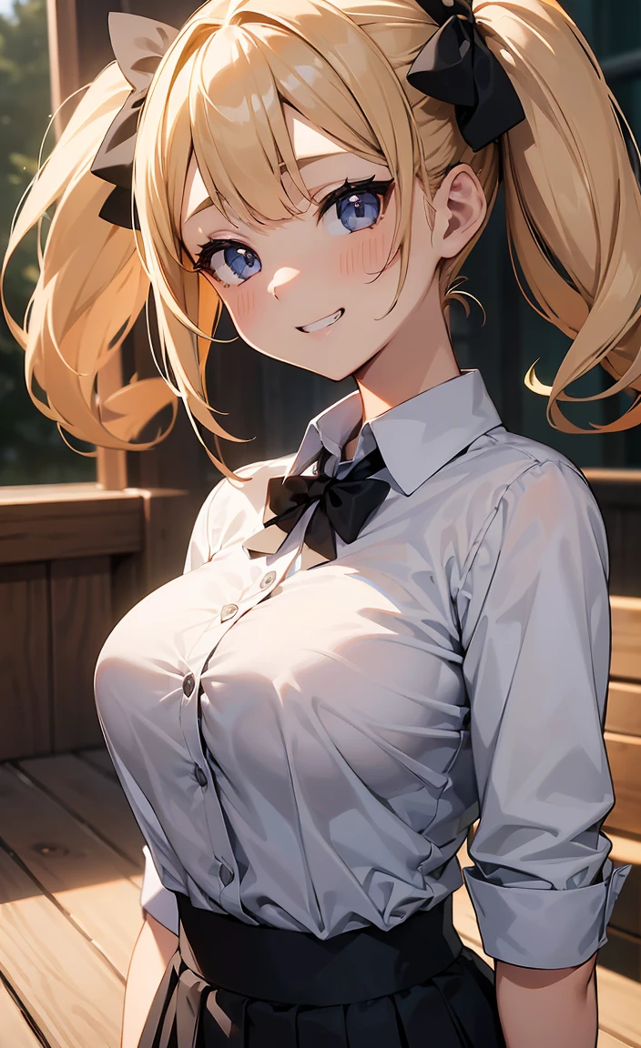 NSFW,One girl,
(Big Breasts:1.3),(shirtのボタンを開けて:1.5),Beautiful breasts,(shirtを脱ぐ:1.5),(I see big breasts:1.5)
Blonde, {{{Half Twin Tail:1.3}}}、Beautiful eyes,break,blush, bow, 赤いbow, Long sleeve, shirt, 襟付きのshirt, skirt, プリーツskirt, 黒いskirt, Small breasts,
{{{Face close-up}}},Upper Body,
Look down,View your viewers,
Tabletop, Highest quality, , Absurd, Perfect Skin, Detailed skin texture, Ultra-detailed, 8K, Intricate details, Beautifully detailed face,High resolution,
 {{{Shadowed face}}}, mock, {{{Grit your teeth:1.2}}}, Grin, smile, Looking down at the viewer, masterpiece,Absurd, Beautiful detailed face when viewed from the front,