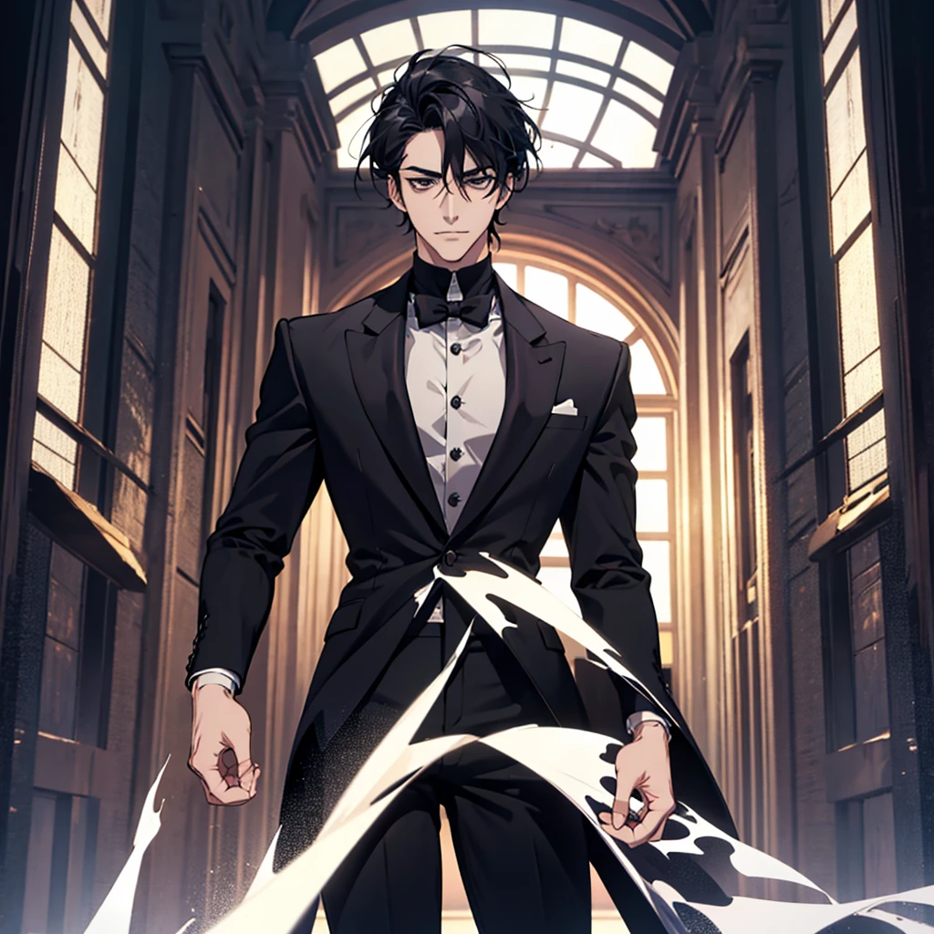 full body,from below,makes an aesthetic,Master piece,Best Quality,ultra detailed,Anime,2d,a handsome man, man, solo,center part Hair,beautiful black hair,stare,smirk,standing,looking down,Back Light,beautiful black eyes,no background,Business Suit
