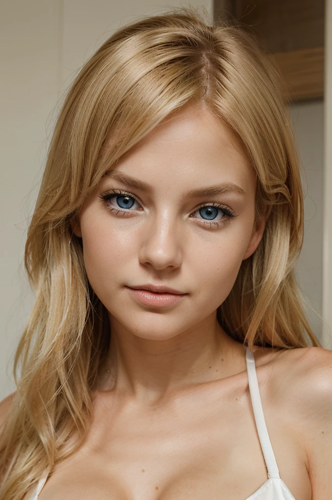 Create an image of a beautiful girl with blonde hair, medium-sized breasts, and blue eyes. She should have a friendly and approachable expression, with a touch of elegance in her appearance. Her hairstyle should be modern and stylish, complementing her facial features.