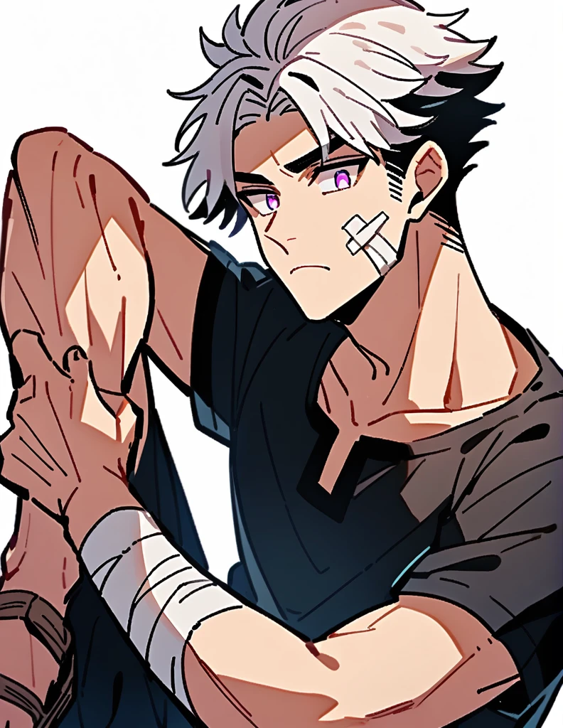 Greek boy with white hair, violet eyes, wearing a black Greek shirt and ancient sandals, with bandages on his cheek and arm, with an impressed look, with a white background