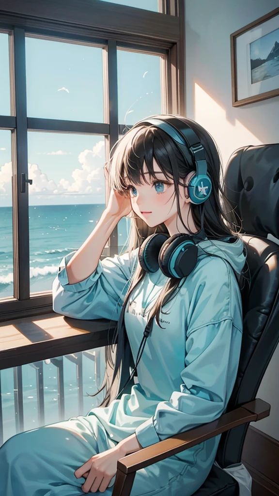 Large window with ocean view Landscape orientation Put the headphones on your head、Listening to music playing from a computer pretty girl
