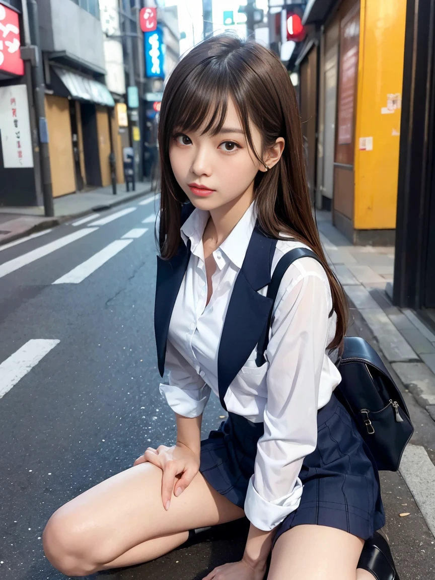 (High level image quality、high quality、highest resolution、masterpiece、Detail、strobe shooting)、looking at the camera、light brown long straight hair、She wears a navy blue blazer with a high neck. .)、(She is wearing a navy blue checked skirt..)、He is wearing an open collar white shirt for students..、wearing white panties、Wearing white socks、she wears black loafers、have a student bag、(Flip your skirt over with both hands）、(Spread your legs wide apart）、Shooting from a low angle、 (Shinjuku daytime alley)、(me&#39;m on a sidewalk lined with stores.)