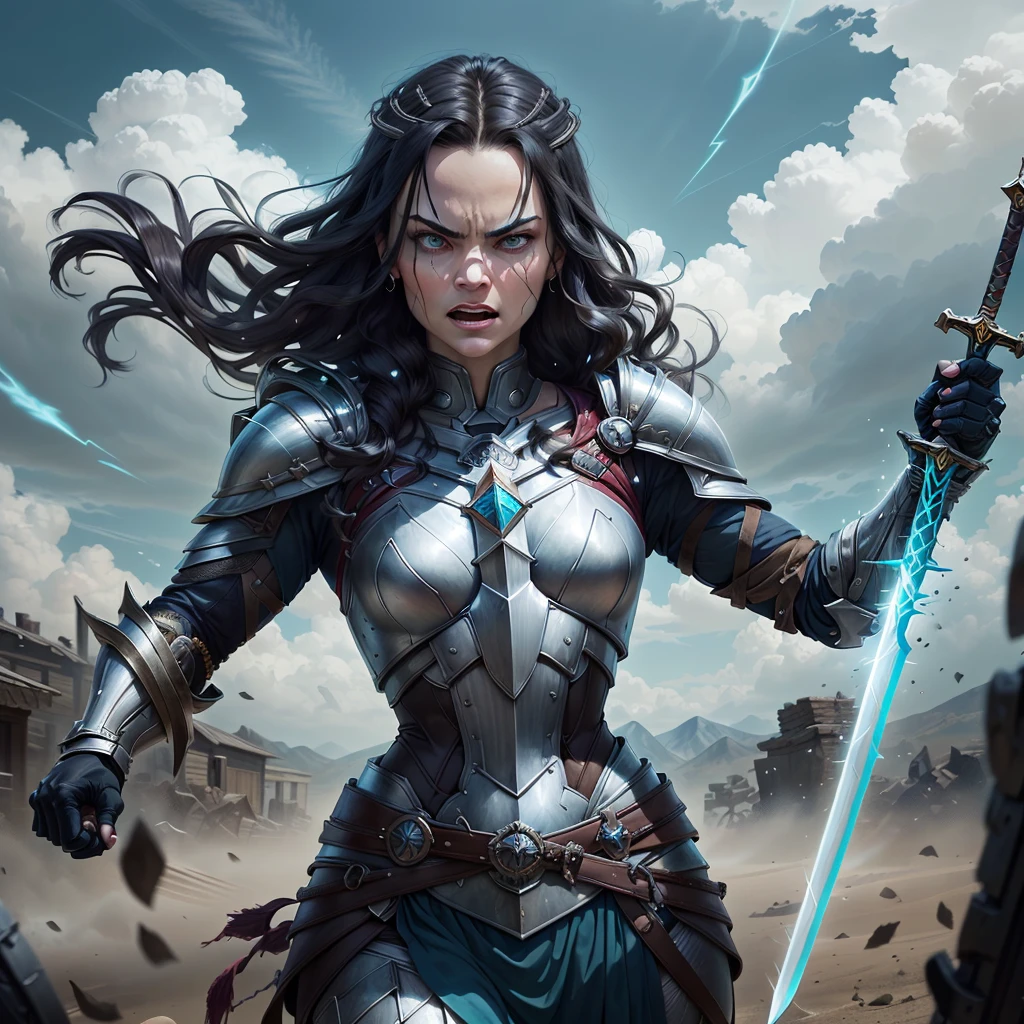 Arafed woman in armor with sword and shield in scene, Jaimie Alexander as Lady Sif, angry dark-haired women, still from the film &quot;THOR&quot;,Marvel movie, beautiful female knight, , anime style, Hair blowing in the wind, long strands of facial hair