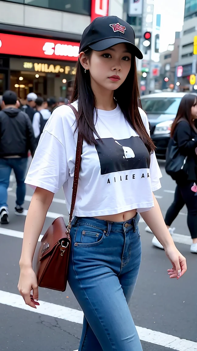 young、Woman dressed as a man、Walking in Shibuya、cap、T-Shirts、jeans