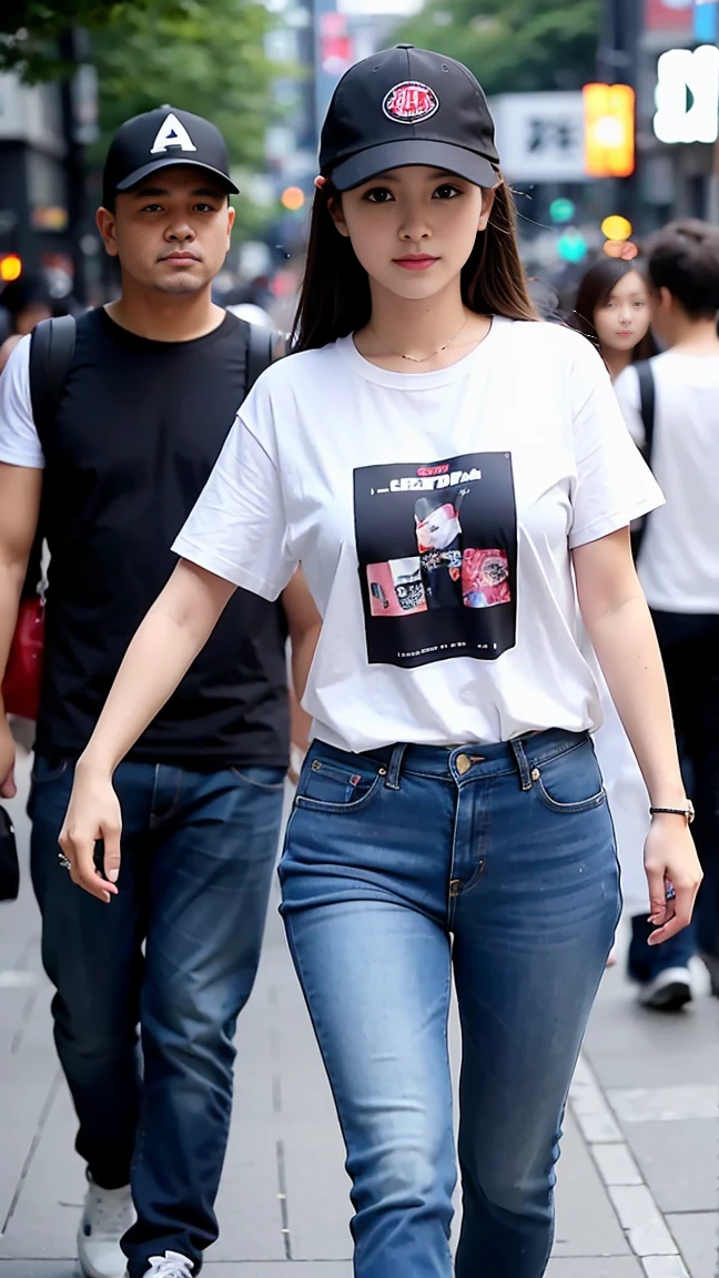 young、Woman dressed as a man、Walking in Shibuya、cap、T-Shirts、jeans