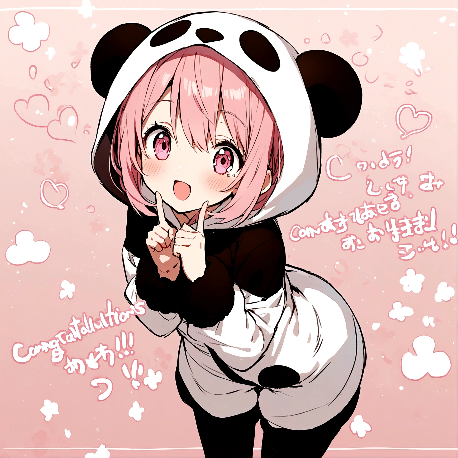 anime、Girl in panda costume、Pink Hair、Pink Eyeole under the eye、Cute pose、Congratulations