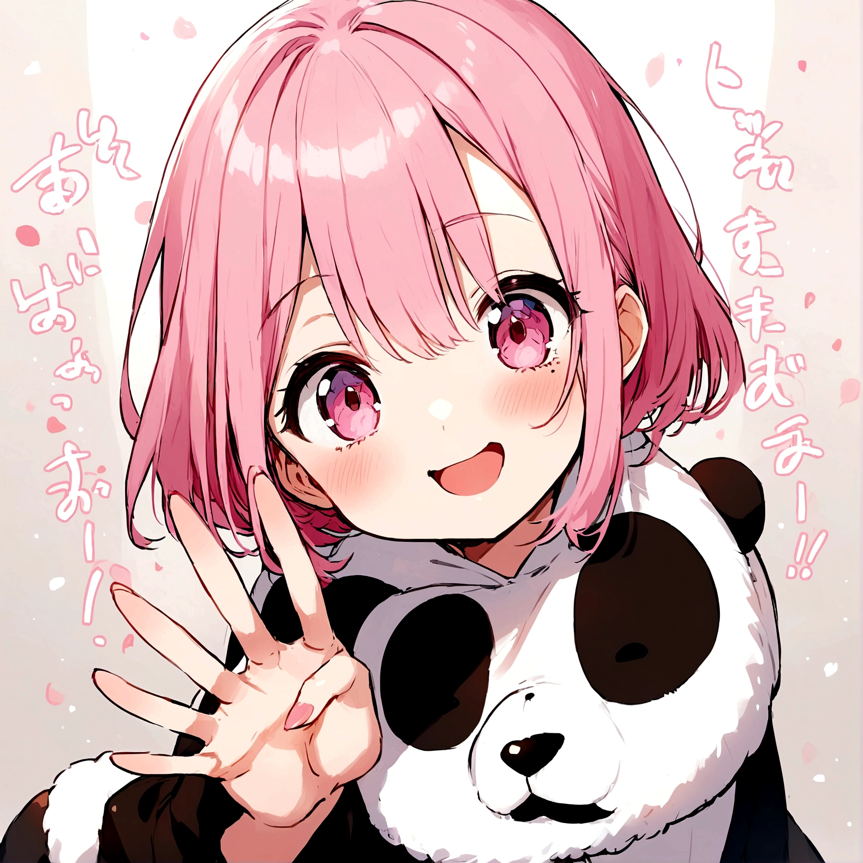 anime、Girl in panda costume、Pink Hair、Pink Eyeole under the eye、Cute pose、Congratulations