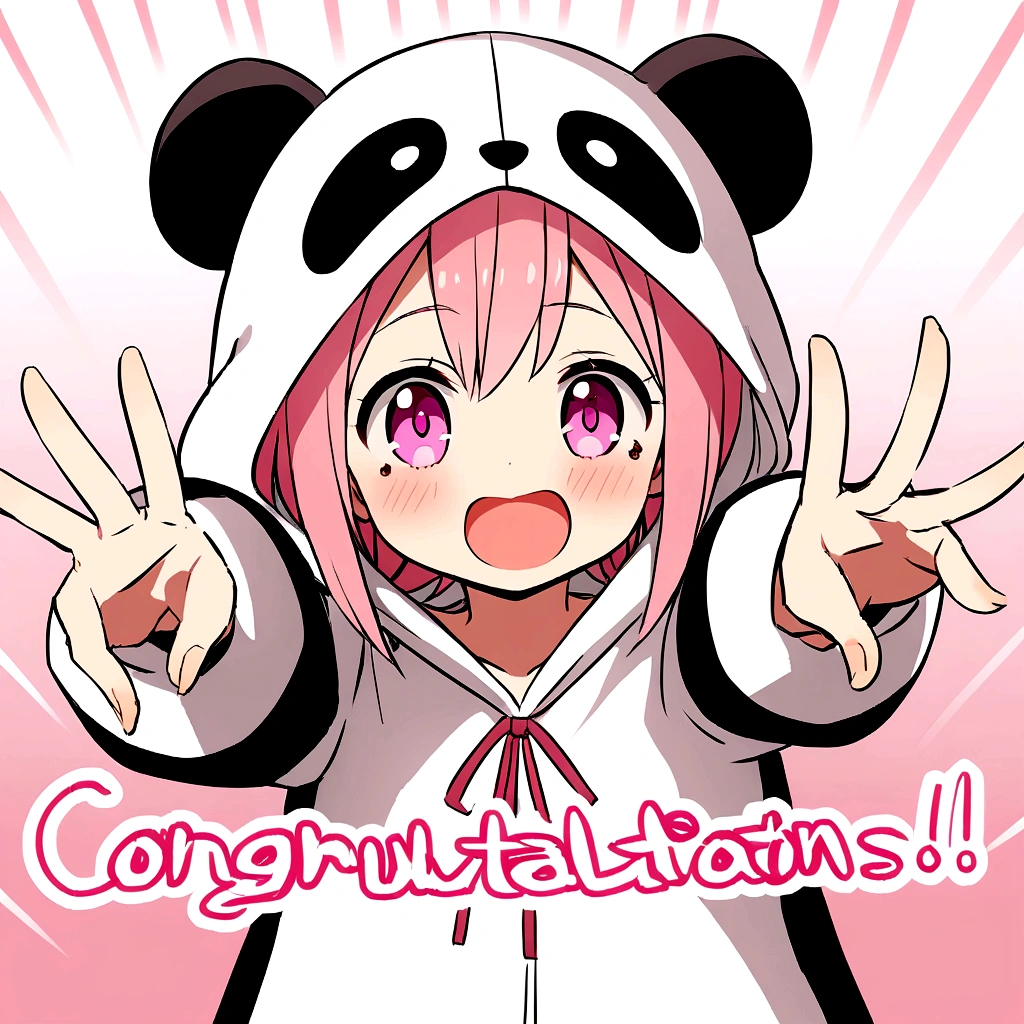anime、Girl in panda costume、Pink Hair、Pink Eyeole under the eye、Cute pose、Congratulations