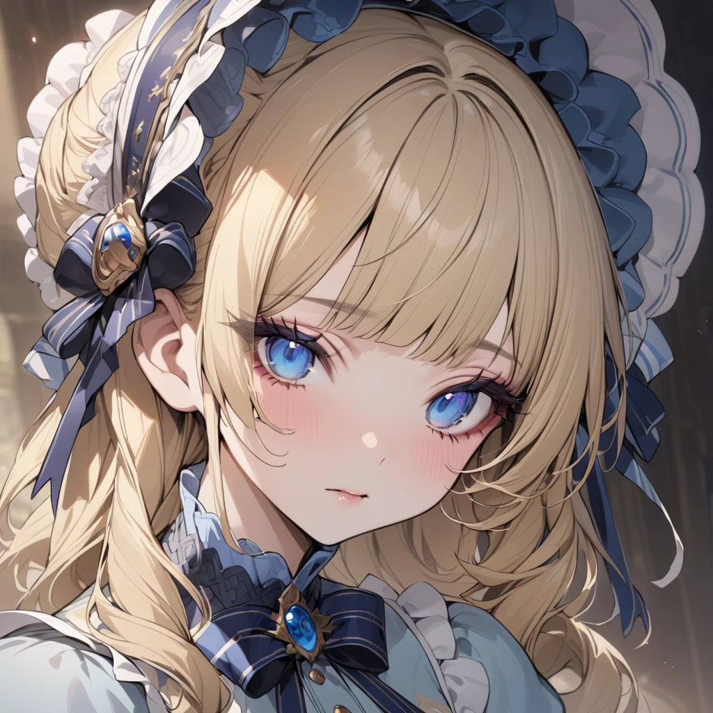Blonde hair,sidecurls,curls,blue eyes,long eyelashes,light blue victorian dress,puffy short sleeves,frilled dress,collared dress,frilly wide brimmed Bonnet with bows,fringe bangs,headshot,masterpiece,highress,