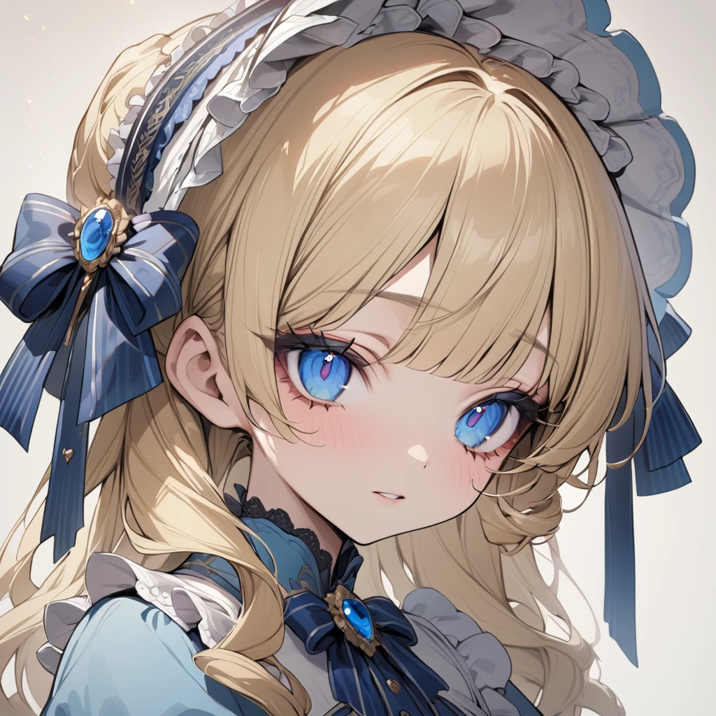 Blonde hair,sidecurls,curls,blue eyes,long eyelashes,light blue victorian dress,puffy short sleeves,frilled dress,collared dress,frilly wide brimmed Bonnet with bows,fringe bangs,headshot,masterpiece,highress,