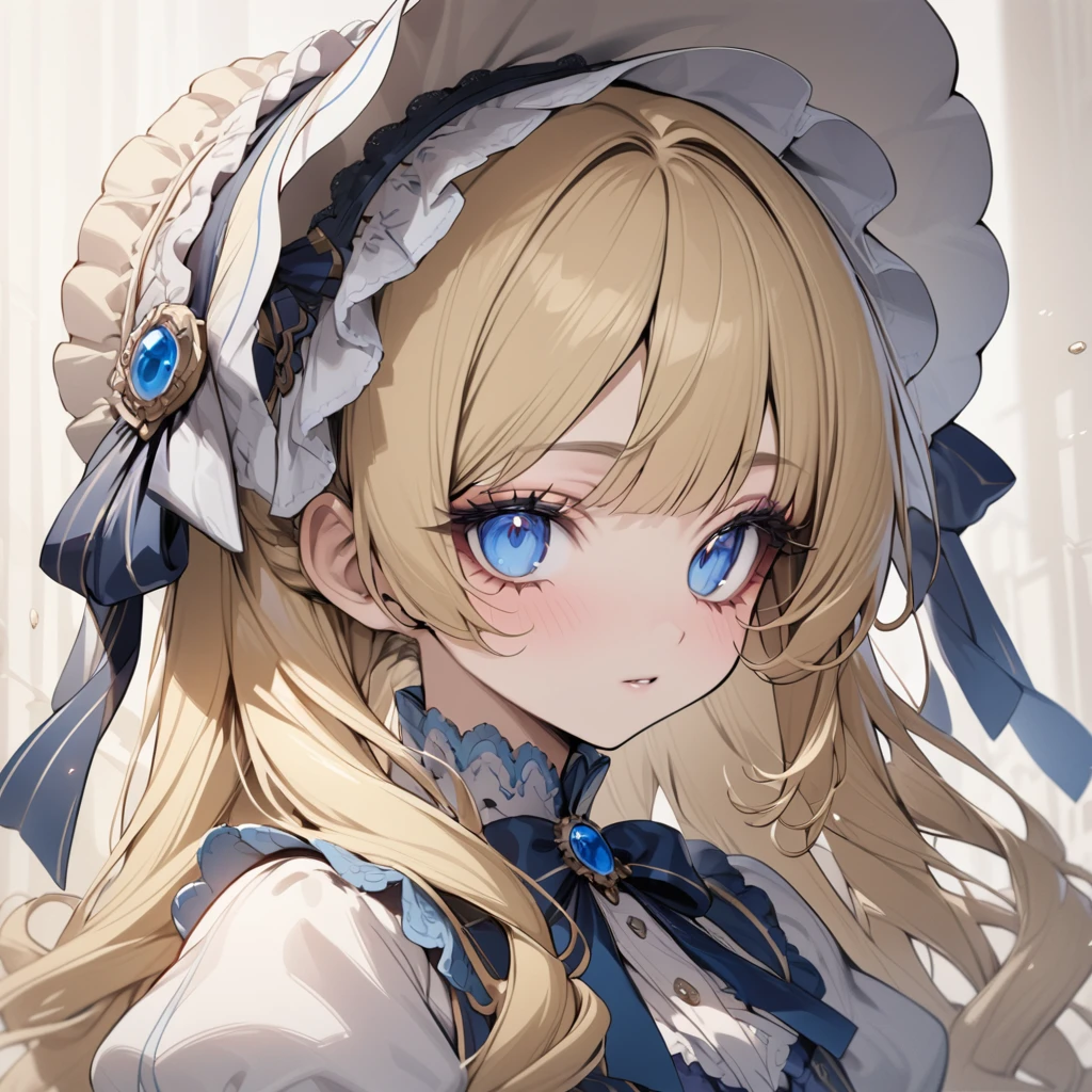 Blonde hair,sidecurls,curls,blue eyes,long eyelashes,light blue victorian dress,puffy short sleeves,frilled dress,collared dress,frilly wide brimmed Bonnet with bows,fringe bangs,headshot,masterpiece,highress,