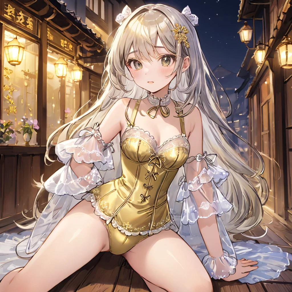 8--old l, １people、Pajamas、Gold and silver thread embroidery、Translucent underwear that reaches below the knee（Bloomers）wear、wear a semi-transparent corset、Translucent slip