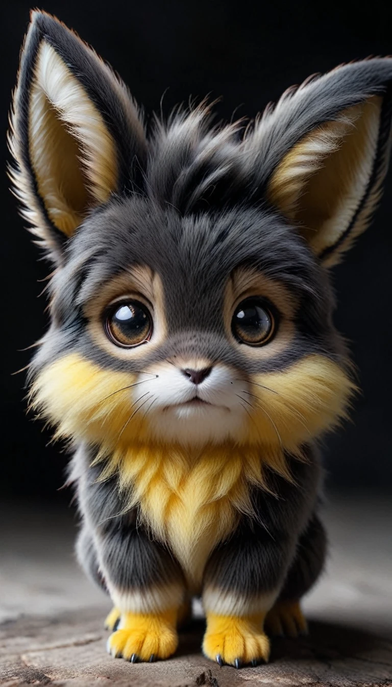 zhibi, furry pokemon, Realistic Pikachu|神奇宝贝风格的小猫monster, "monster", cute的, Colored yellow fur, 巨大的cute美丽的细致赤壁眼睛, cute, eye contact, 8K, Human Development Report, Raw, Surrealism, Extremely detailed, Clear focus , black background,  , Fine fur 