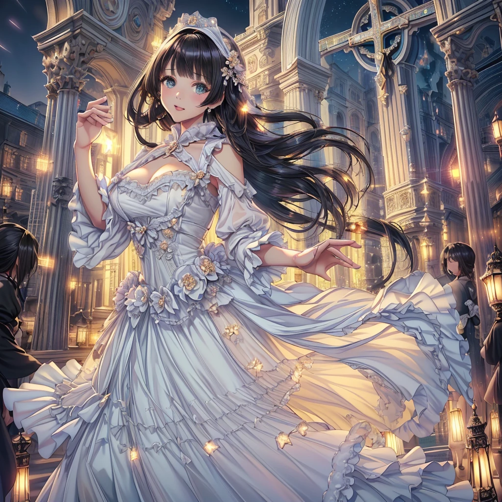 (((Dress Transparent Dress))), (((The dress features a voluminous hoop skirt and a long hem.、A gorgeous, incomparably gorgeous Rococo Victorian gown, Princess style skirt))), (ガウン shine まばゆいばかりに キラキラ 反射する プリズム状 透明 ガウン:1.2), (Gown A very elaborate gown:1.5), ((Huge breasts)), (Expressive hair), Very voluminous、Very long hair, bangs, Super delicate and beautiful face, Beautiful Lips, (Hyper Detail: Delicate and beautiful eyes), Cleavage, Beautiful smile, (((Young Face, Solo Enchanting Adorable Princess, Teenage Girl, pretty girl, very pretty girl))), (Anime Moe Art Style 1.3), (((masterpiece, Super detailed, Highest quality, Ultra-high resolution, Great quality, Exceptional Quality, Super detailed, Ultra-high resolution, Unity 16K, 32k, ultra photo Realistic))), (Face Focus, Eye focus, Realistic, Blurred Background, Lens flare, shine, Light caustic effect:1.5), (Background of the church at night:1.3), 